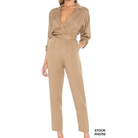 Revolve L'Academie Reed Jumpsuit Khaki Brown V Neck City Chic Tencel Linen NWOT - Picture 1 of 12